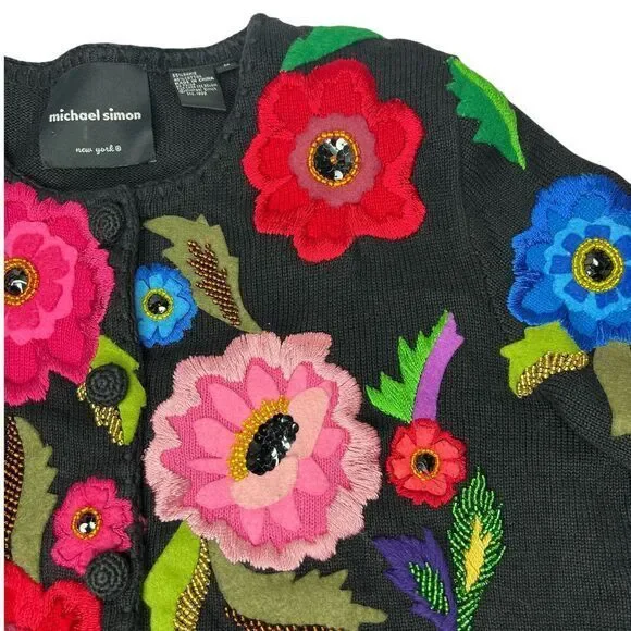 MICHAEL SIMON Embroidered‎ Floral Sweater Cardigan Size Medium
